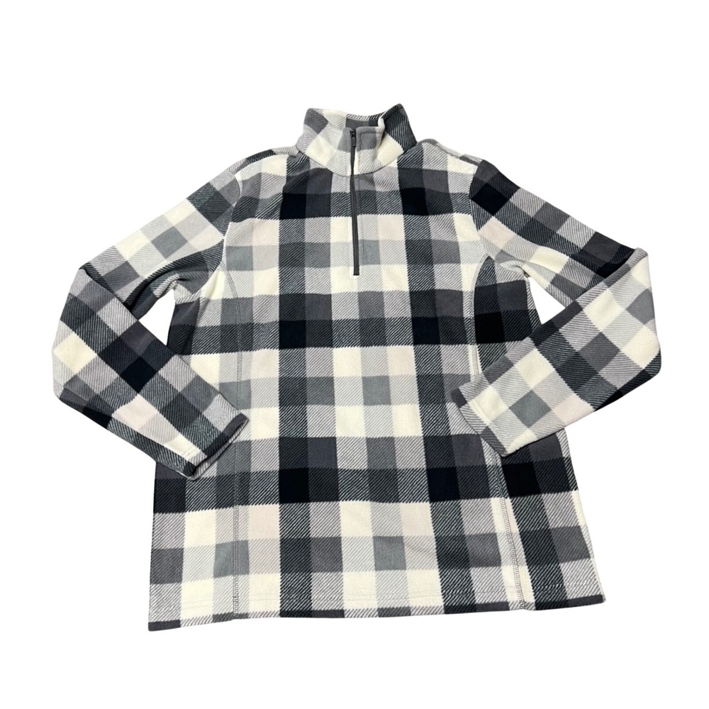 Lands End Womens M 10-12 Fleece Quarter Zip Pullover Buffalo Plaid Grey Black